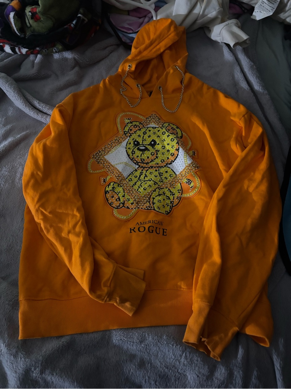 Orange Crewneck Hoodie with Teddy Graphic